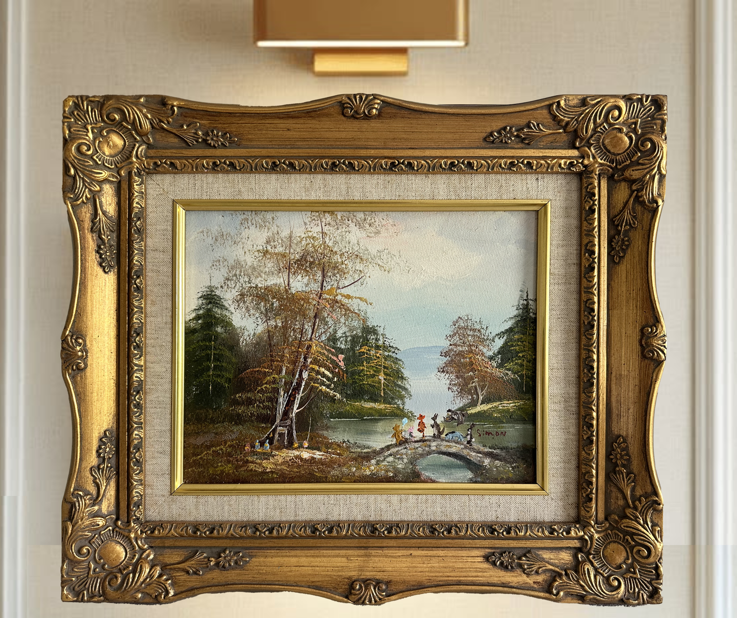"A Walk Along Pooh Sticks Bridge" Original Painting on Found Art- (13" x 15" with frame)
