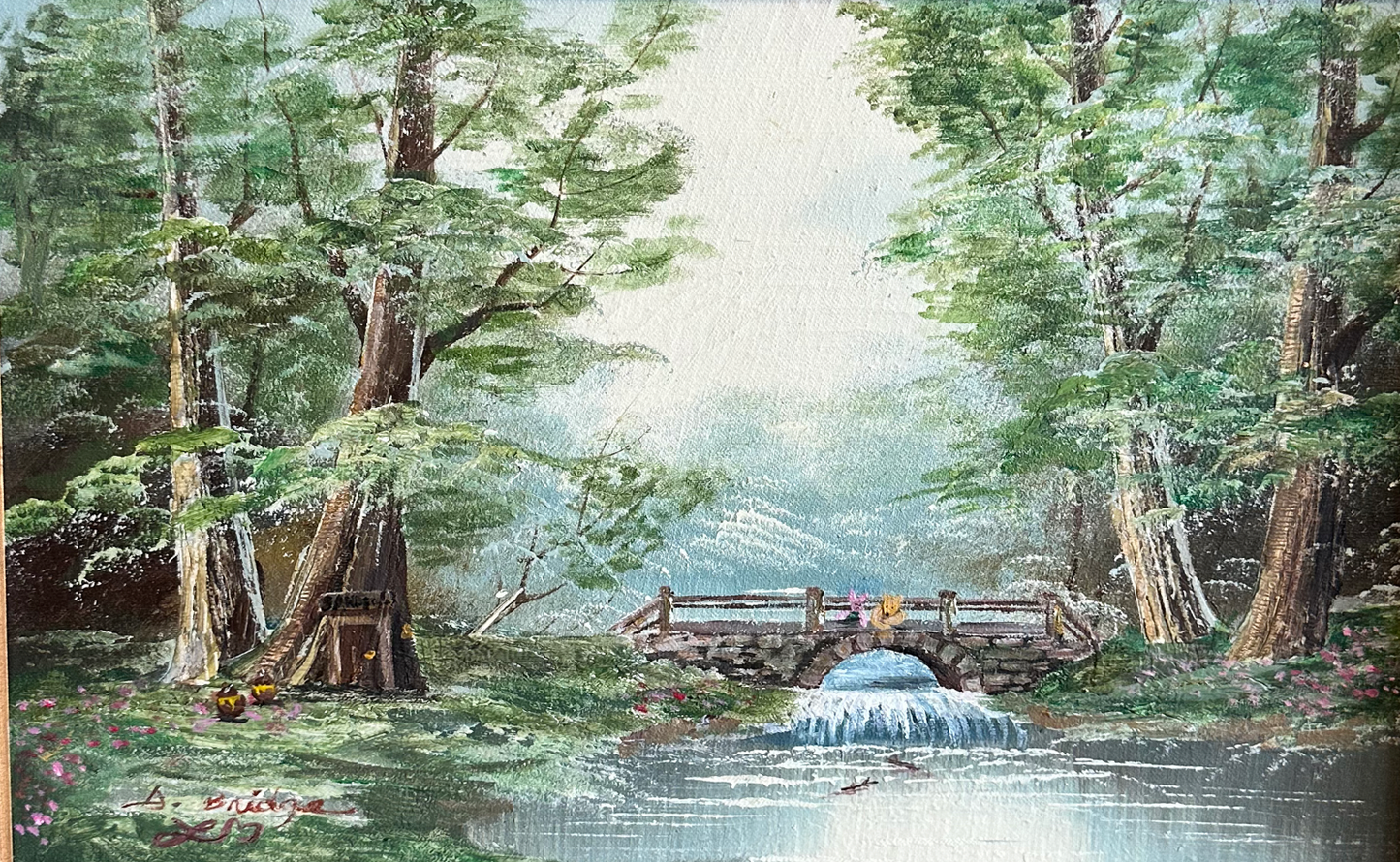 "Pooh Sticks" Original Painting on Found Art- (20" x 24"" with frame)