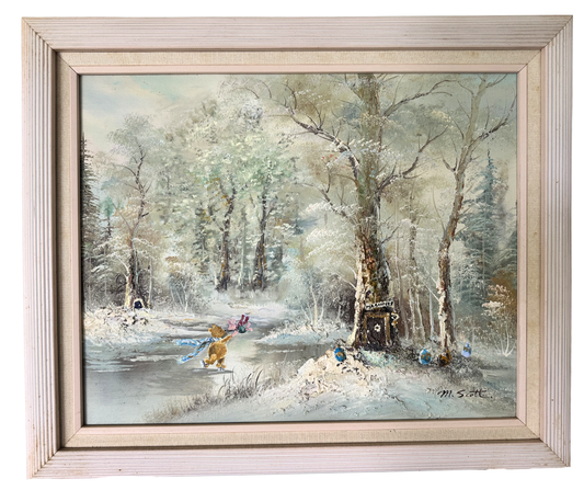 "Hundred Acre Ice Skating" Original Painting on Found Art- (24" x 20")