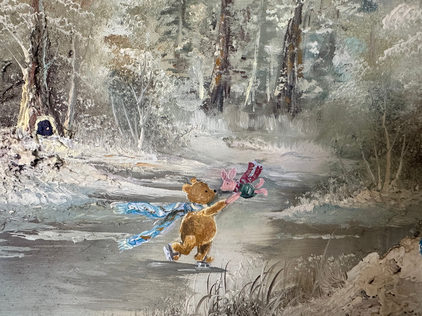 "Hundred Acre Ice Skating" Original Painting on Found Art- (24" x 20")