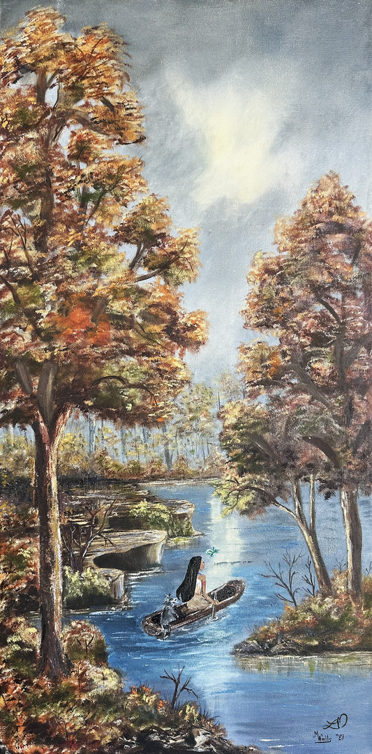 "Autumn Riverbend" - Original painting on thrifted Art (29in x 14.5in x 1in)