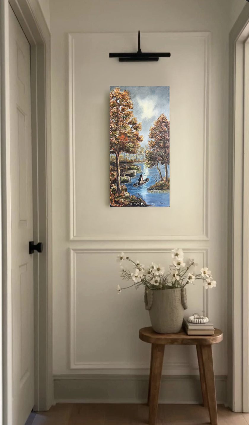 "Autumn Riverbend" - Original painting on thrifted Art (29in x 14.5in x 1in)