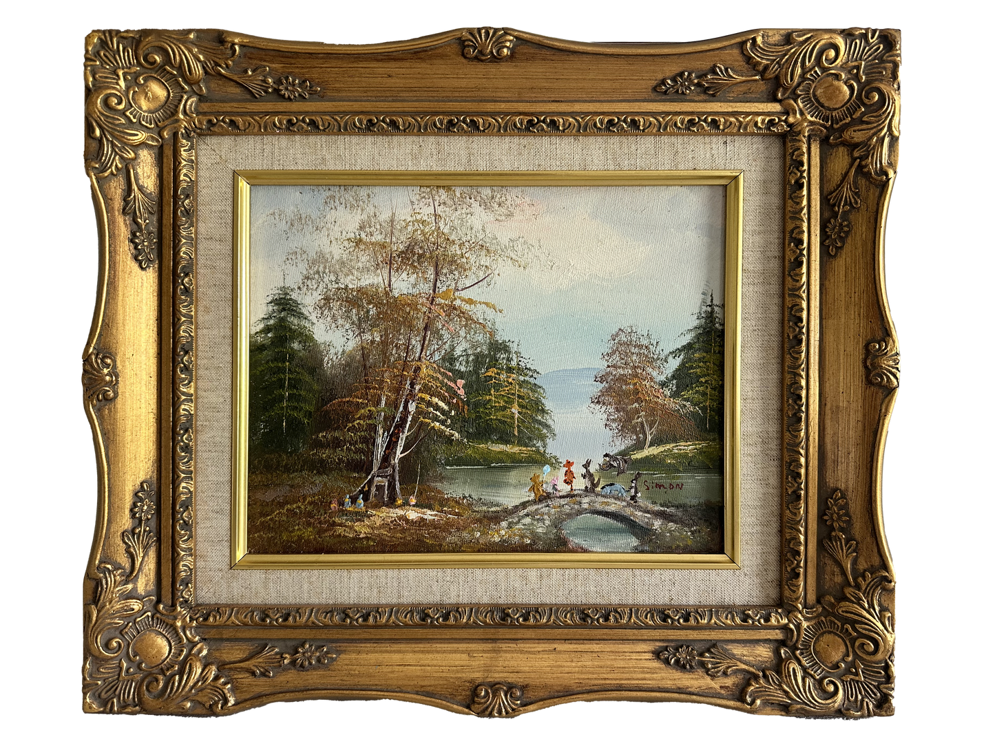 "A Walk Along Pooh Sticks Bridge" Original Painting on Found Art- (13" x 15" with frame)